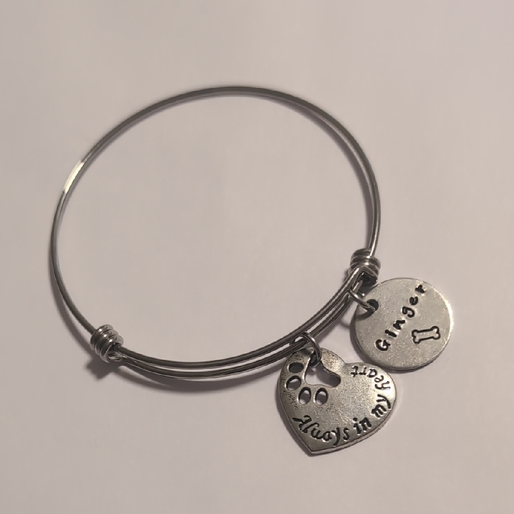 Silver Adjustable Bangle Charm Bracelet with Heart and Paw Print Charms
